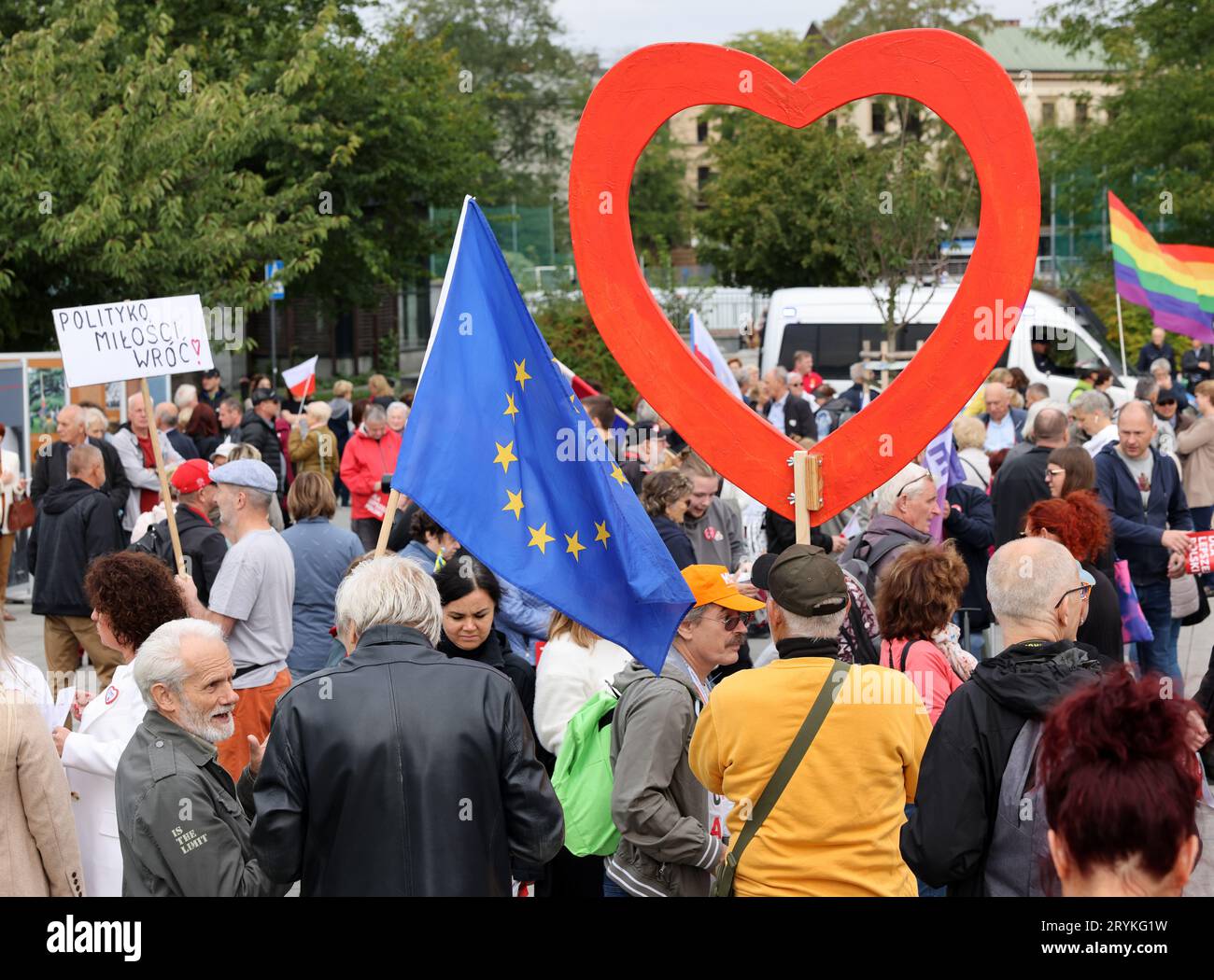 Cracow, Poland - October 1, 2023: Million Hearts March in Krakow. Crowds of Poles march through the streets of Krakow protesting against PiS's rule Stock Photo