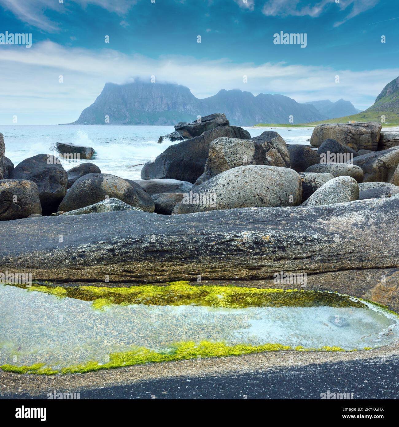 Haukland beach summer view (Norway, Lofoten). Stock Photo