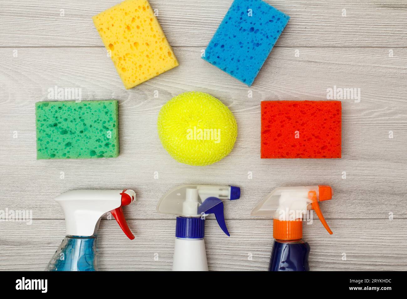 Water sprayers and color synthetic sponges for cleaning Stock Photo Alamy