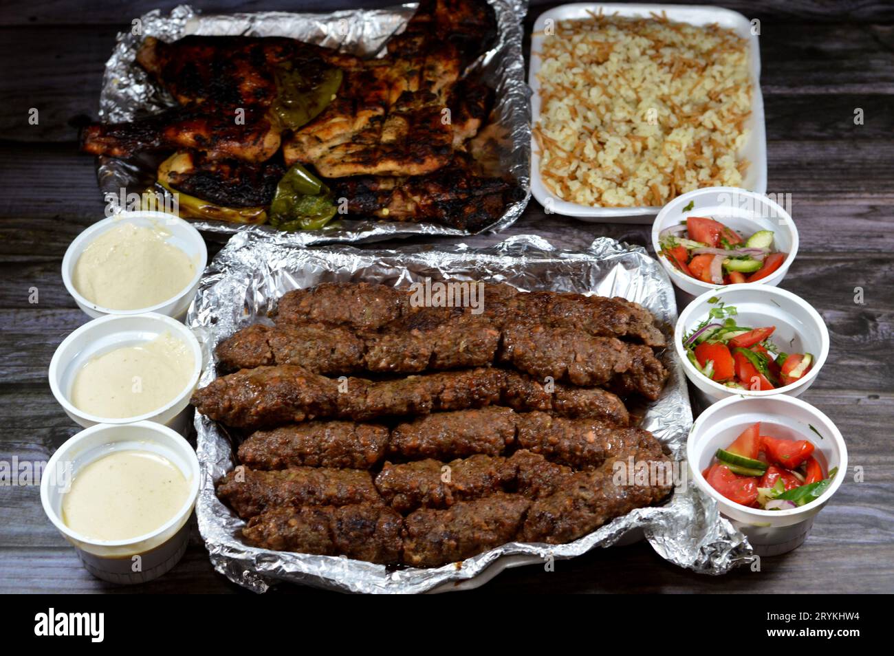 Traditional Arabic cuisine food beef Kofta and tarb kofta shish, minced