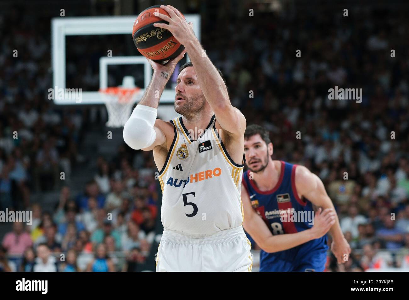 Spain's guard Rudy Fernandez reacts after making a three-point shot against  Lithuania during the first quarter of their men's semifinal basketball game  at the Beijing 2008 Olympics in Beijing, Friday, Aug. 22