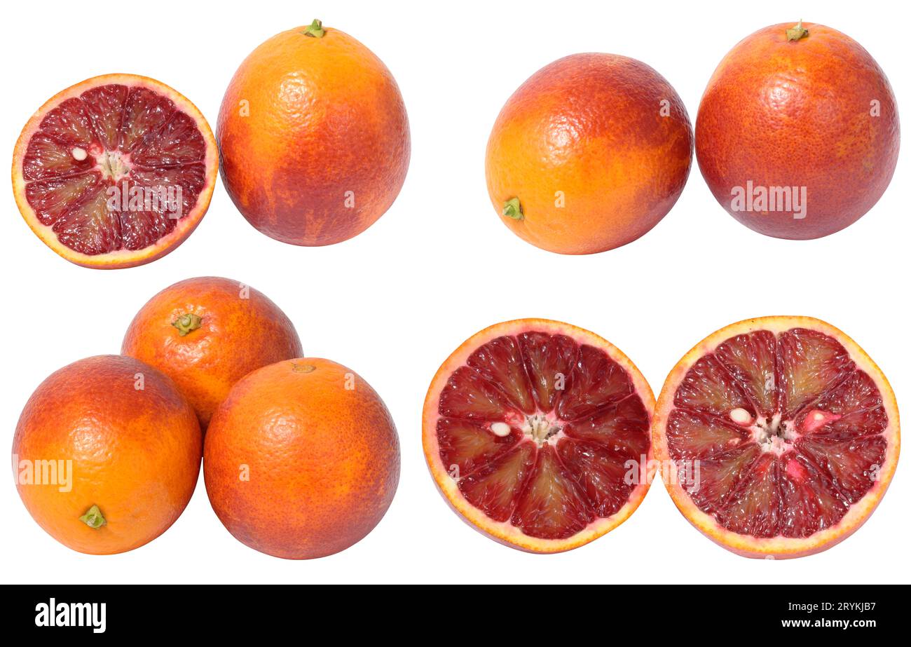 Three ripe red oranges on a white isolated background Stock Photo