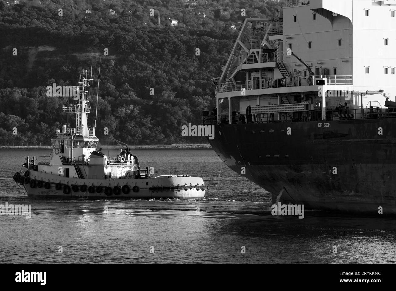 Tug boat is near a cargo ship. Black sea, Varna harbor, Bulgaria. Black and white photo Stock Photo