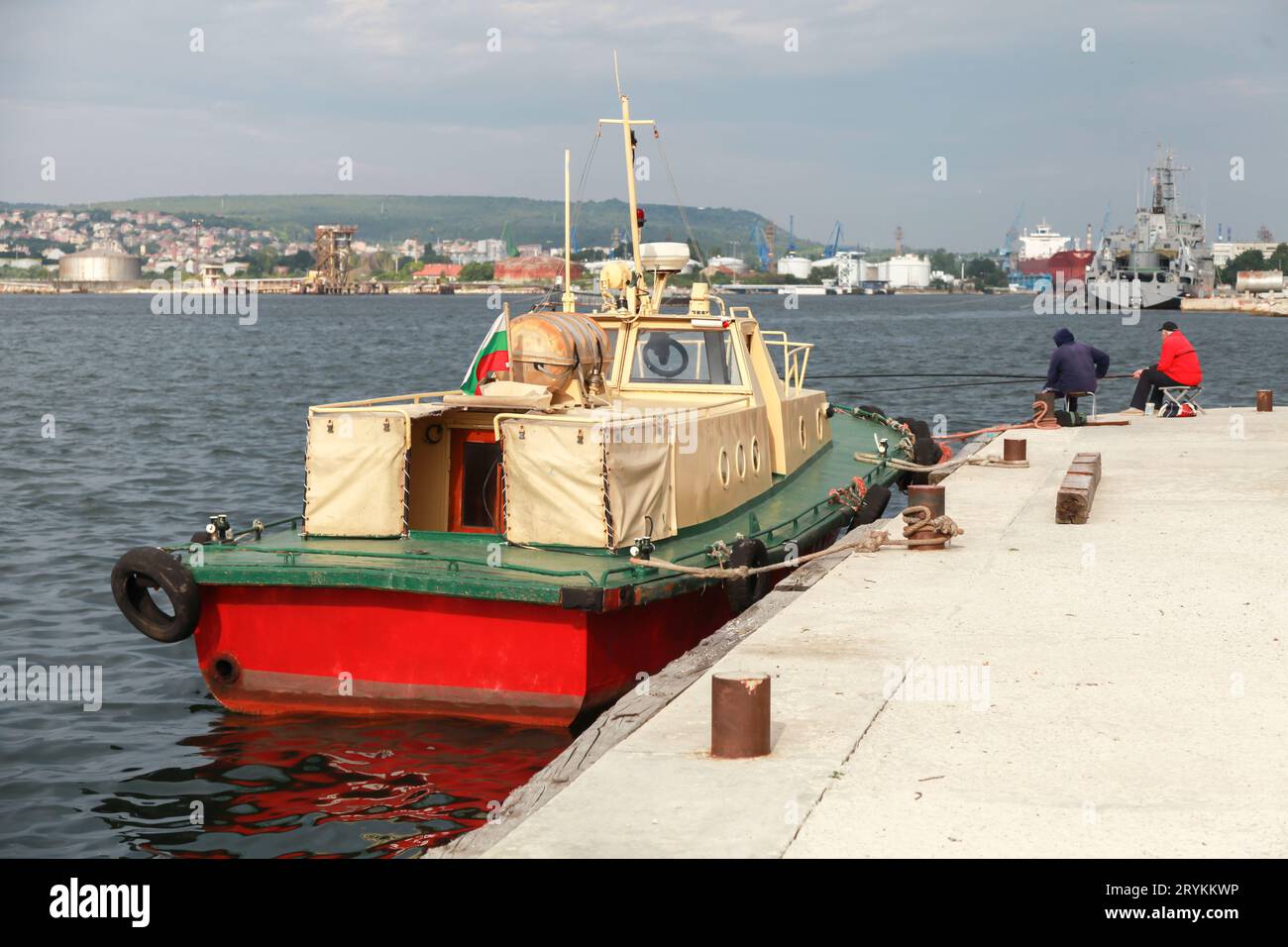 Vintage motor boat is moored in Varna port on a sunny day Stock Photo