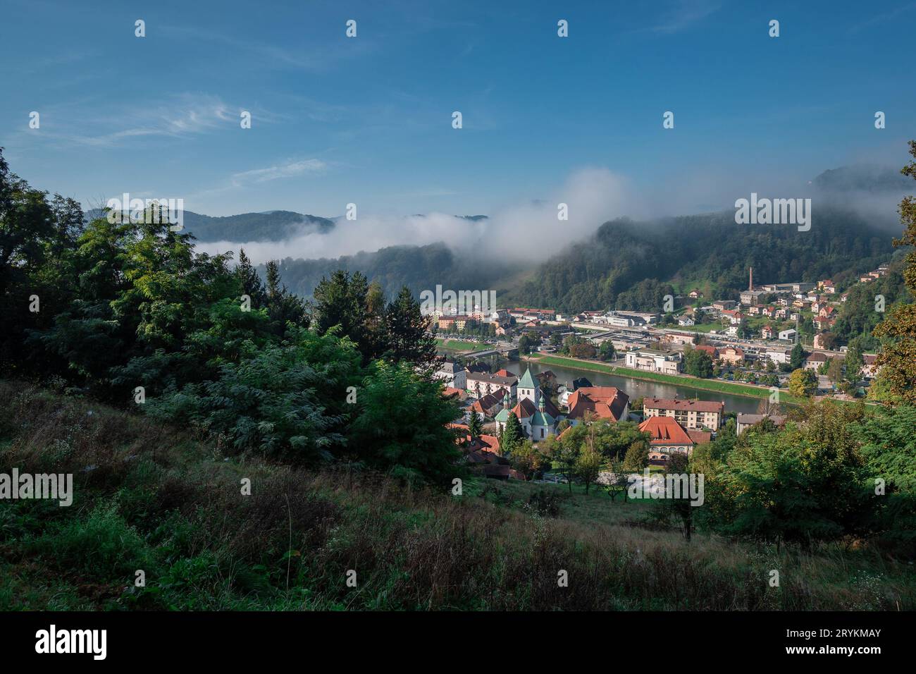 Panorama of the city of Lasko, known for its thermal baths and beer brewing. Viewed from the caste hill looking below. Stock Photo