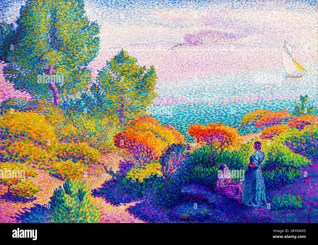 Two Women by the Shore, Mediterranean painting in high resolution by Henri-Edmond Cross. Stock Photo