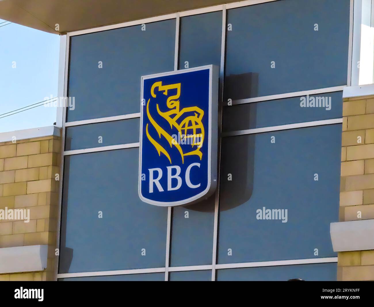 Calgary, Alberta, Canada. Apr 30, 2023. A RBC Bank sign at a branch location. Stock Photo