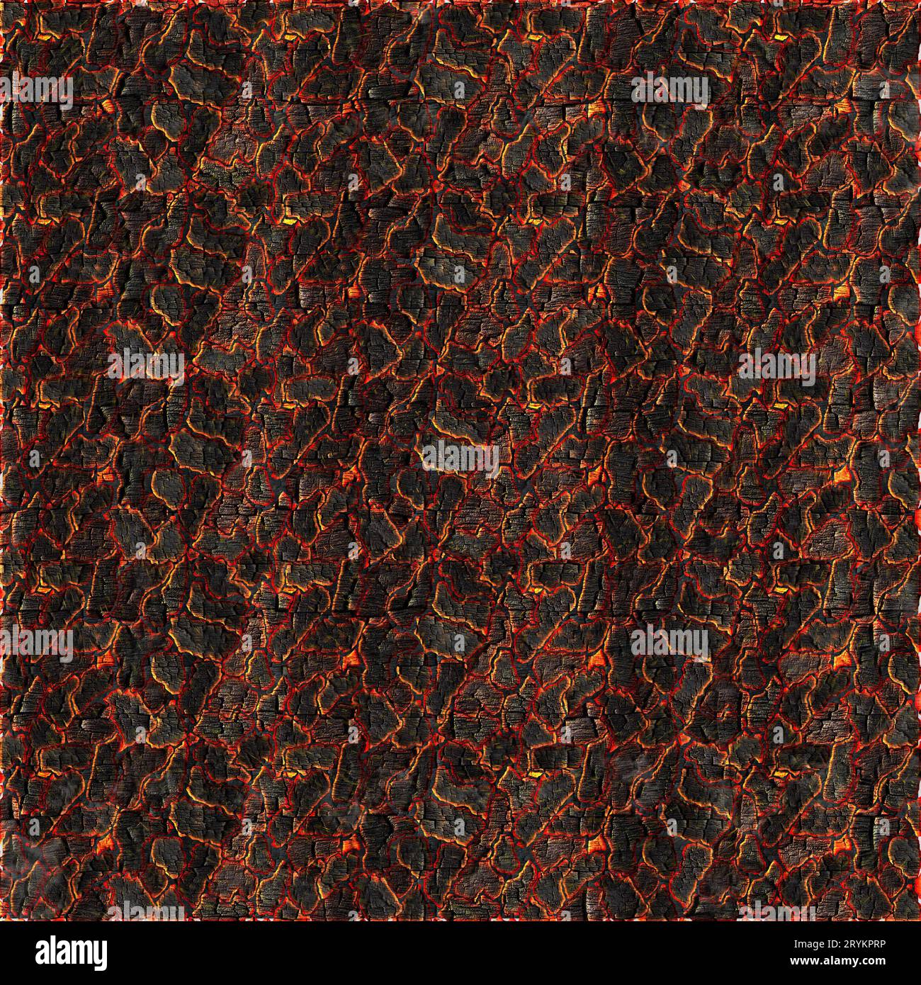 Ground hot coals. Danger heat terrain- 3d illustration smouldering eruption. Charcoal burning- crack surface. Abstract nature pattern- glow faded flam Stock Photo