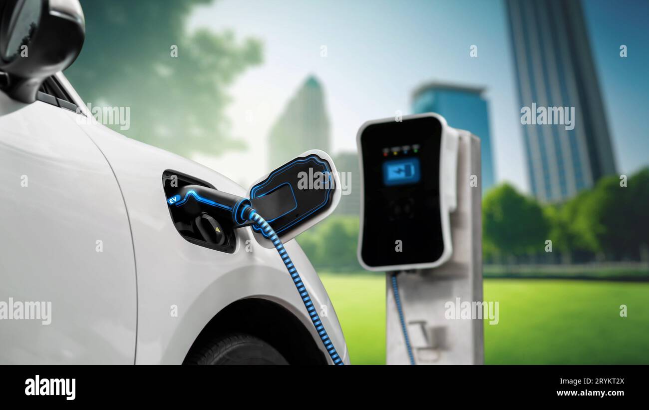 Electric car plug in with charging station to recharge battery with