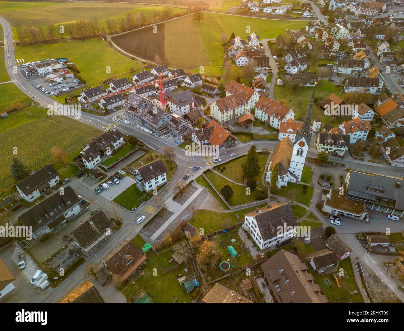 Aerial drone panorama view to lake Zug and Swiss Alps with Mettmenstetten, Switzerland Stock Photo