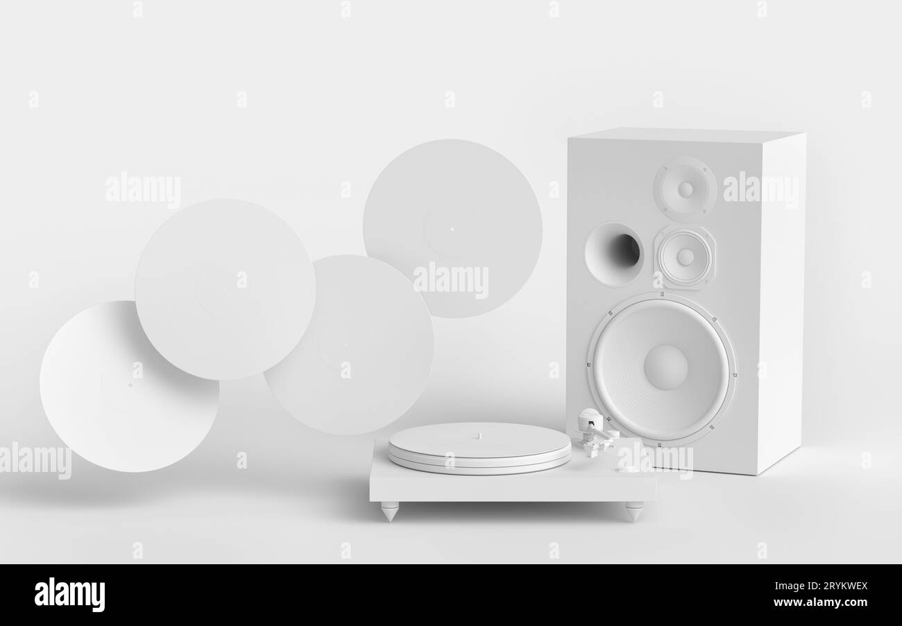 Set of Hifi speakers with loudspeakers and DJ turntable on monochrome