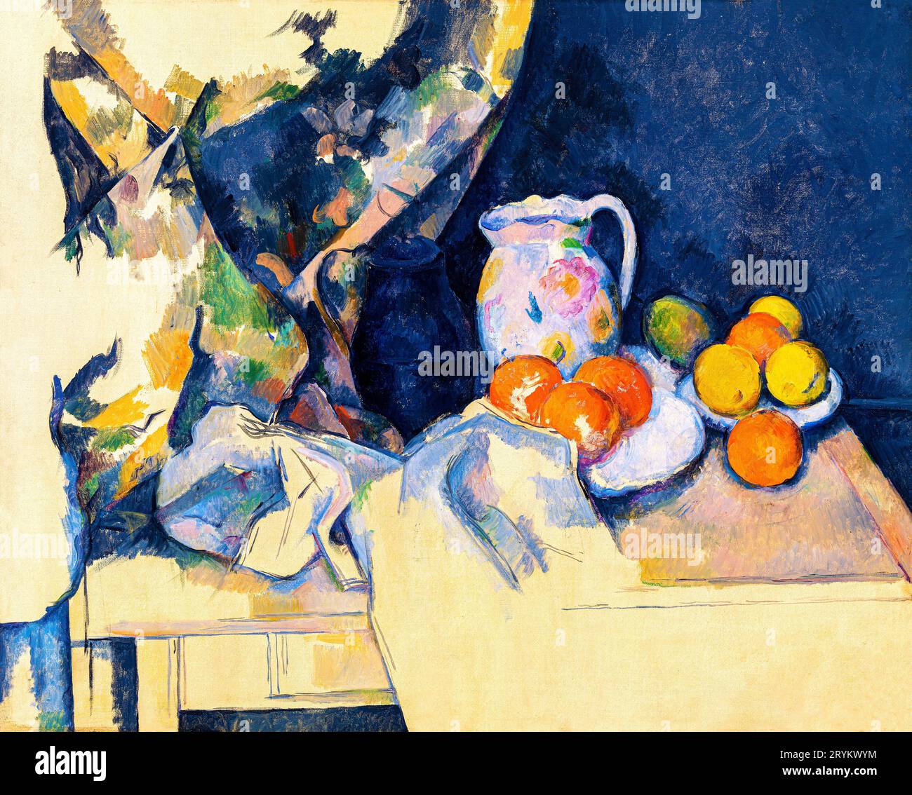 Paul Ceacute; zanne's Curtain and Fruit still life painting. Stock Photo