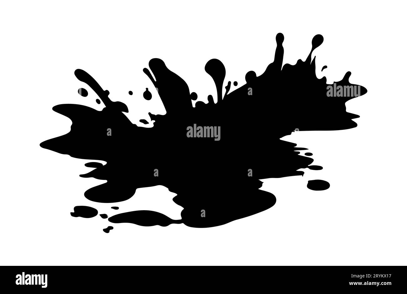 Black silhouette of puddle of water or mud with splashes and drops. Vector isolated on white. Paint, ink, dirt or blood splashes. Stain of splashes, drops of liquid. Dirt blot or blob. Design element Stock Vector