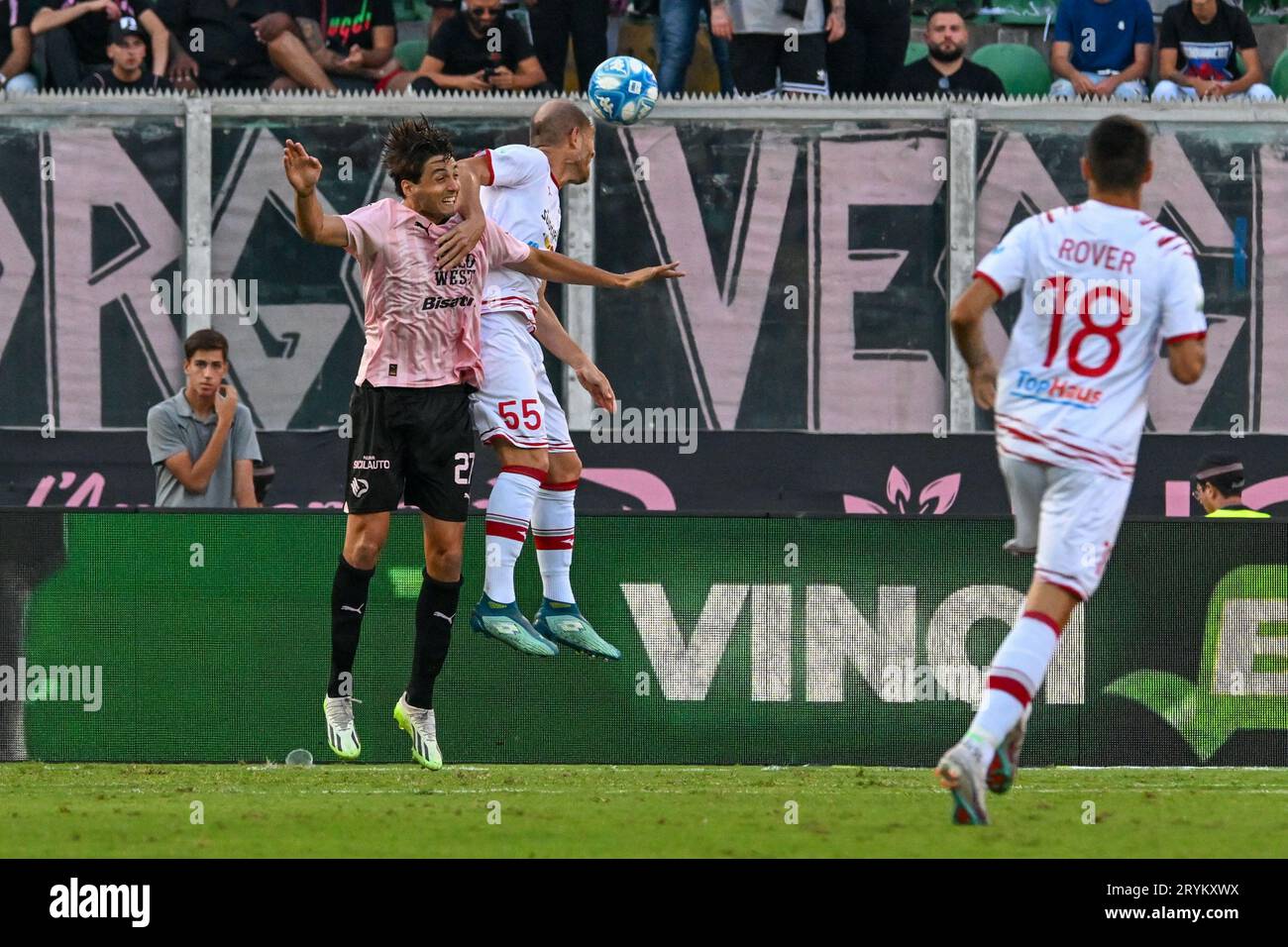 Palermo, Italy. 01st Oct, 2023. Palermo F.C.â&#x80;&#x99;s Edoardo Soleri in action against F.C. Sudtirolâ&#x80;&#x99;s Andrea Masiello during the Italian Serie BKT soccer match Palermo F.C. vs. F.C. Sudtirol at the Renzo Barbera Stadium, Palermo, Italy, 1st of October 2023 Credit: Independent Photo Agency/Alamy Live News Stock Photo