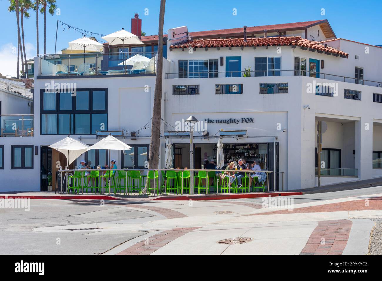 Avalon, CA, USA - September 13, 2023: Exterior street view of The Naughty Fox restaurant on Crescent Ave in the Santa Catalina Island city of Avalon, Stock Photo