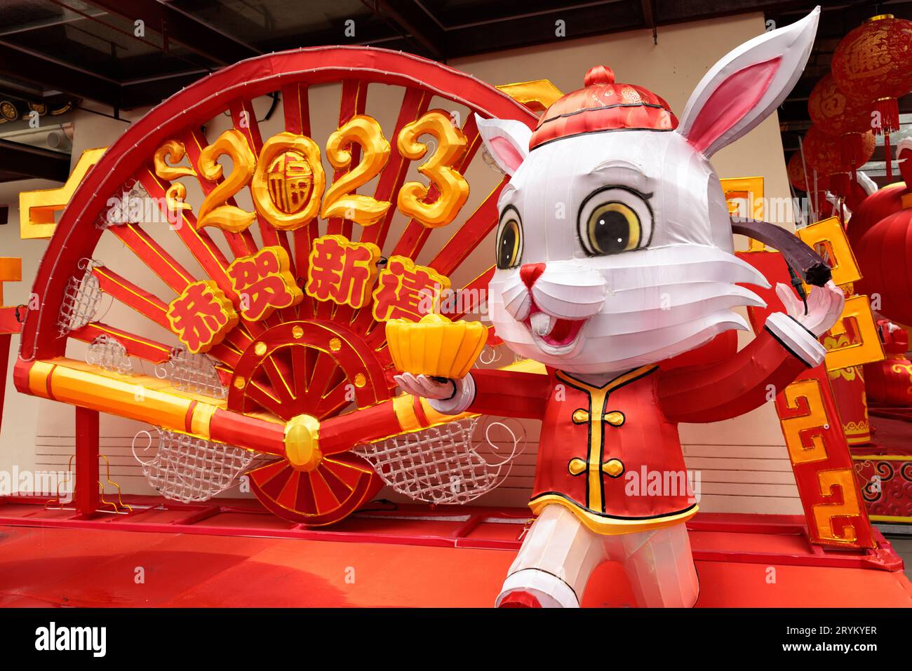 Rabbit decoration - Chinese New Year 2023 at the entrance of Buddha Tooth Relic Temple in Singapore Stock Photo