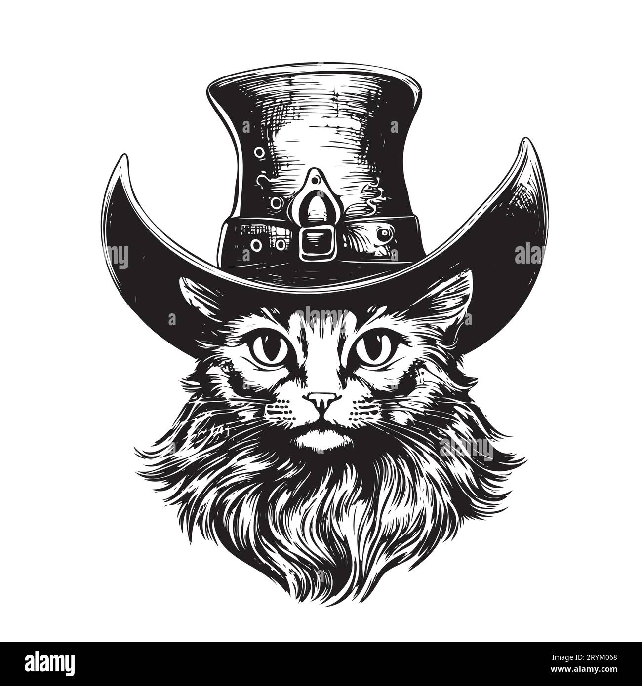 Cat in a witch hat sketch hand drawn Halloween illustration Stock Vector