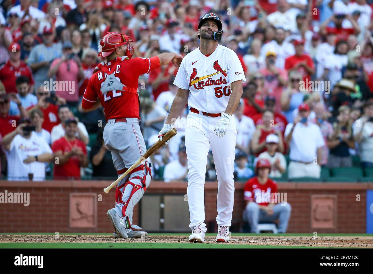 St. Louis Cardinals' Adam Wainwright (50) walks to the dugout after