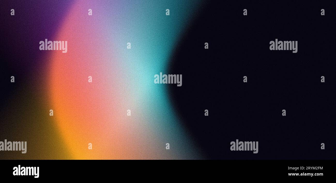 Grainy color gradient background orange purple blue yellow pink glowing abstract shape on black noise texture, copy space Stock Photo