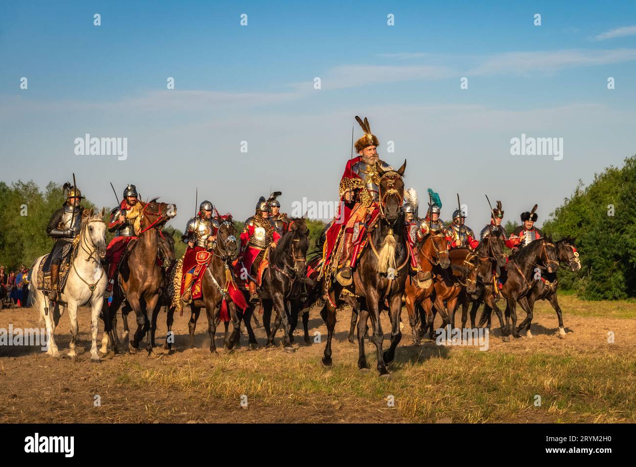 Castellan on a horse leading his Hussars, Polish heavy cavalry, historical reenactment of Battle of Gniew Stock Photo