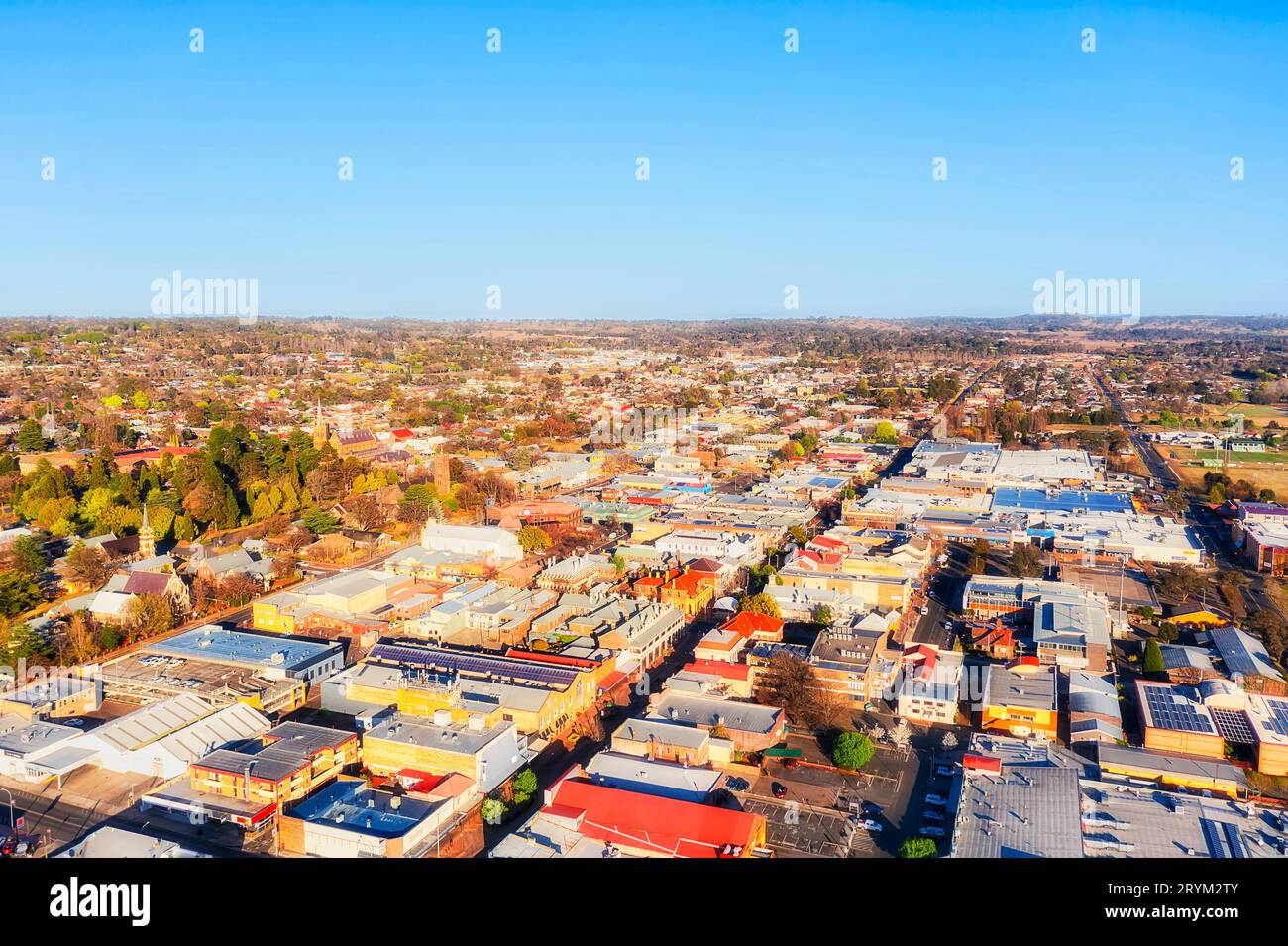 Aerial townscape view over Armidate downtown on highlands plateau in Australia. Stock Photo
