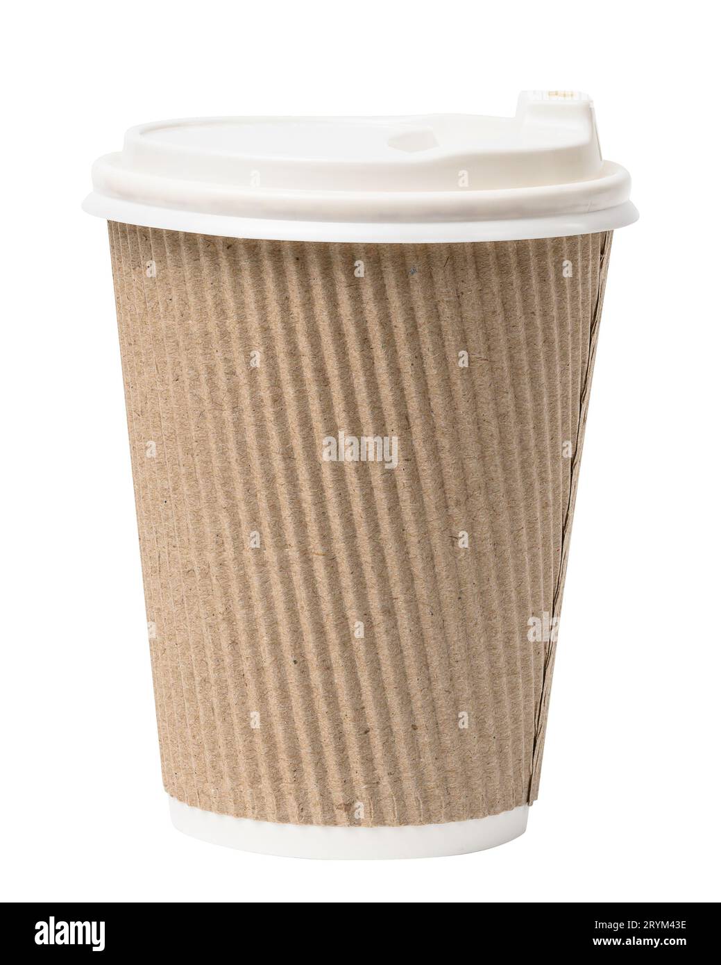 Brown paper cup made of corrugated cardboard with a plastic white lid ...