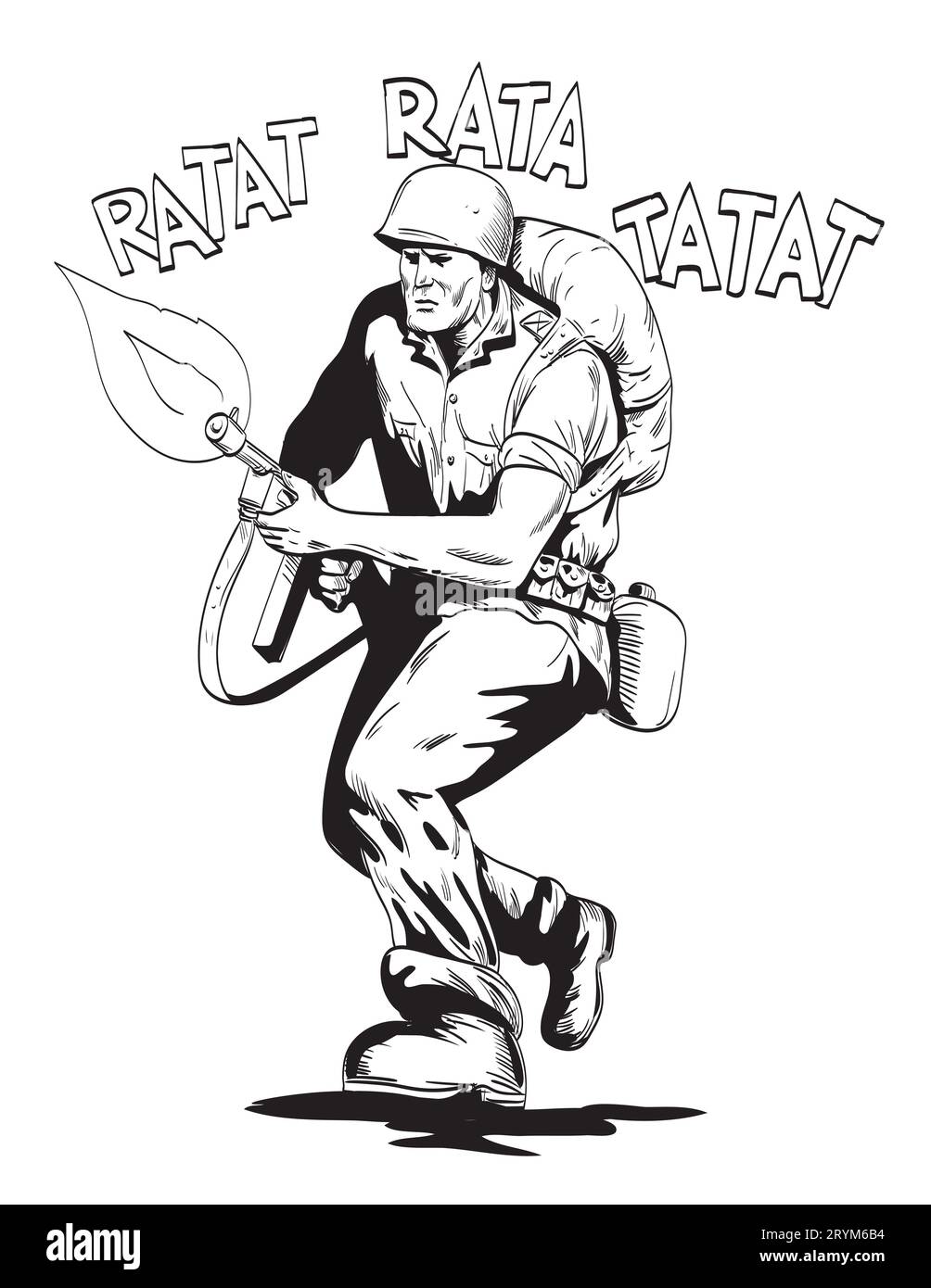 World War Two American GI Soldier Firing Rifle Running Comics Style Drawing Stock Photo