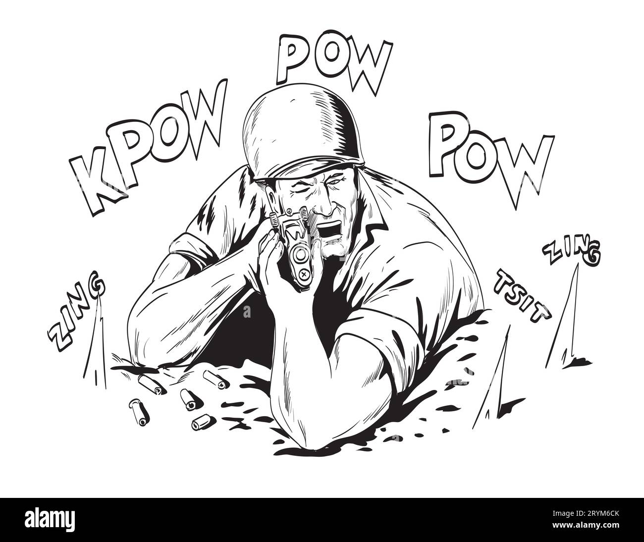 World War Two American GI Soldier Aiming Rifle Comics Style Drawing Stock Photo
