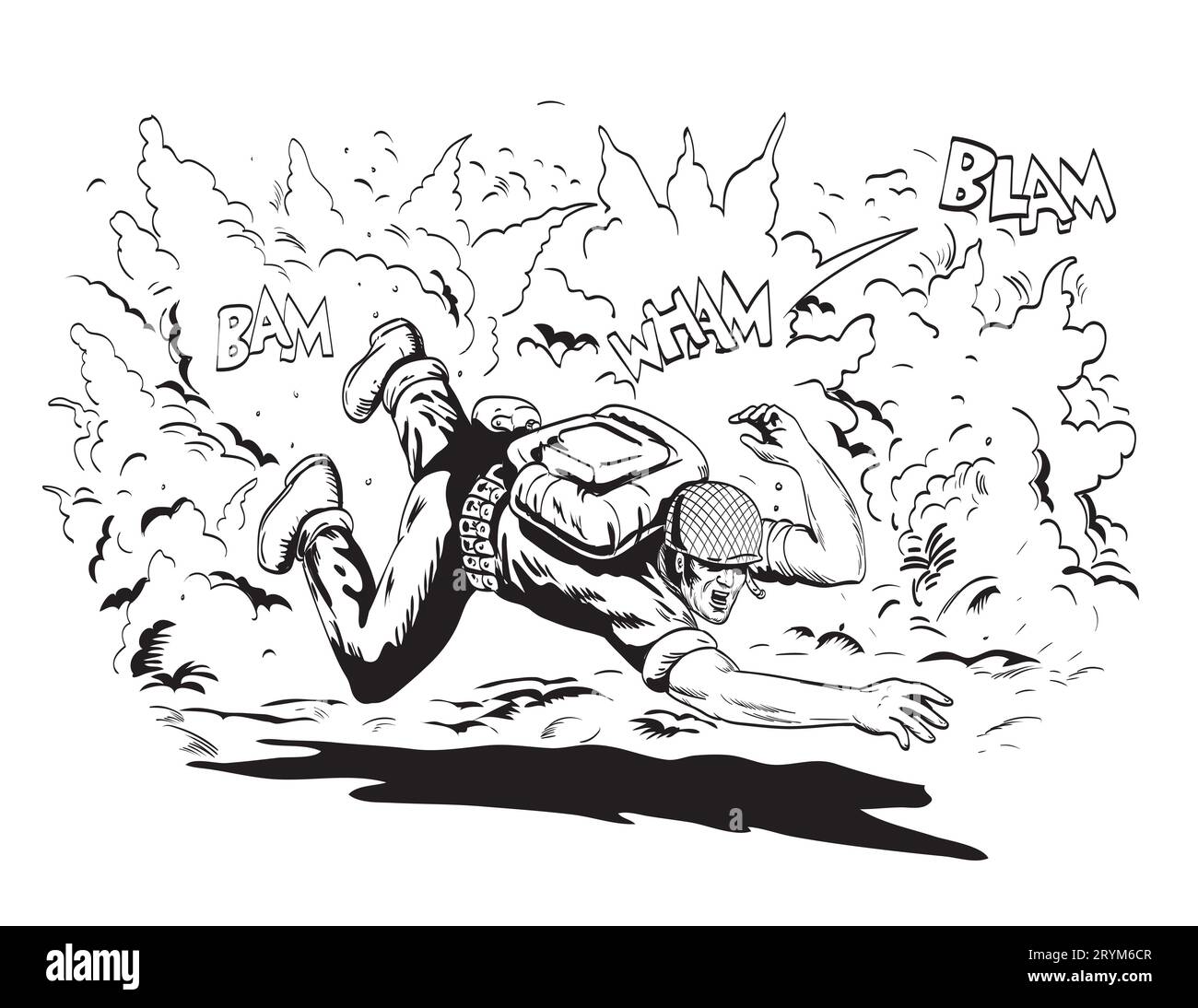 World War Two American GI Soldier Diving for Cover in Explosion Comics Style Drawing Stock Photo