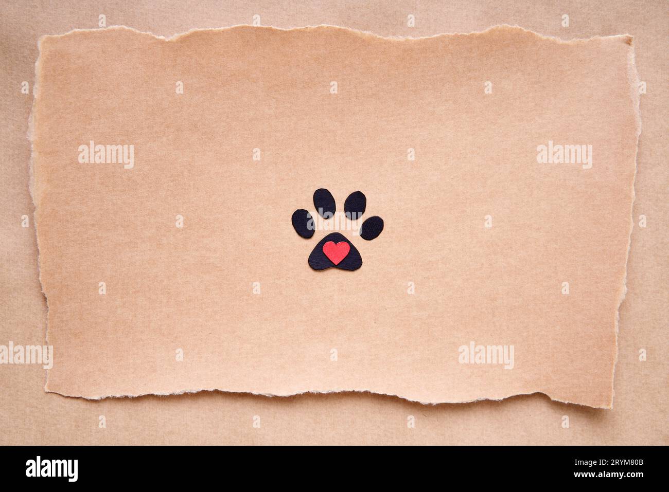 Postcard with paw print icon and heart, paper art style. Animal love concept, greeting card, invitation mockup Stock Photo