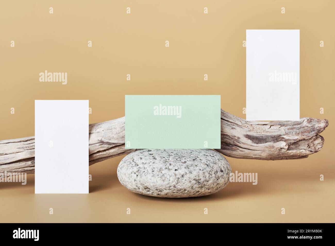 White and green paper business card mockup. Natural stone and driftwood on beige background Stock Photo