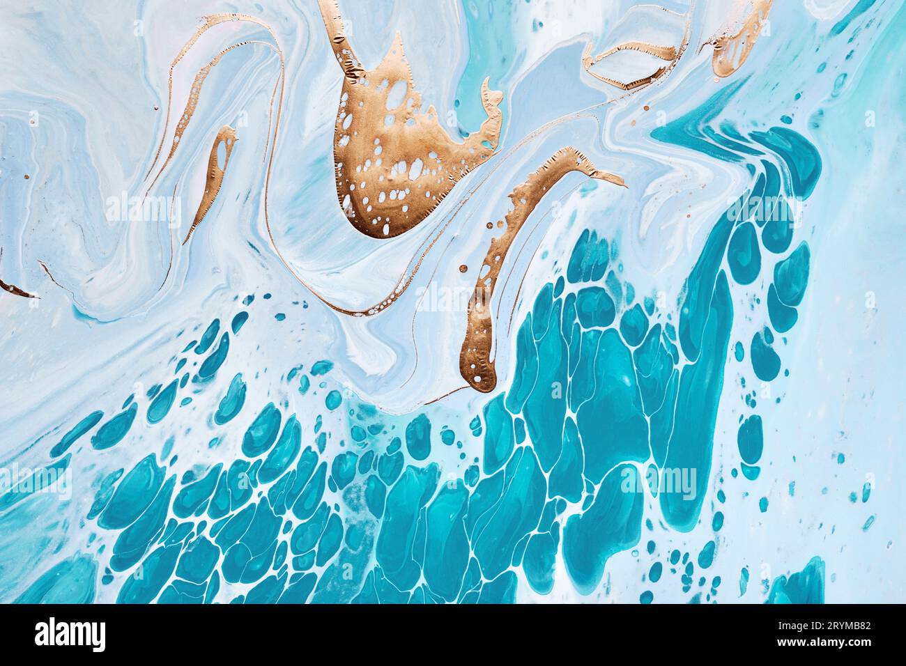 Acrylic Fluid Art. Waves in turquoise colors with liquid golden