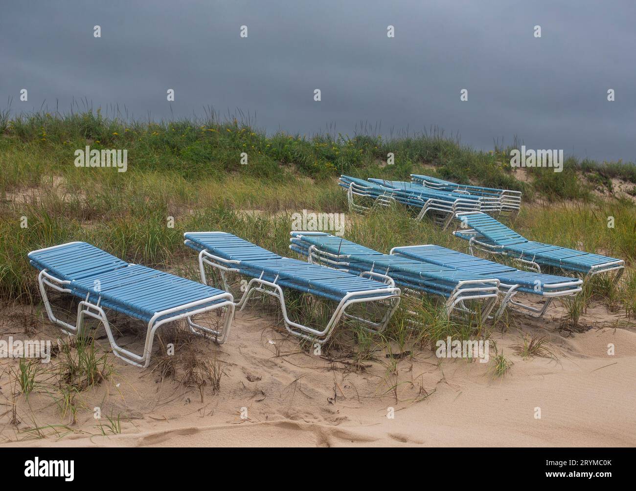 Old lounge chair on the beach in Amagansett, NY Stock Photo Alamy