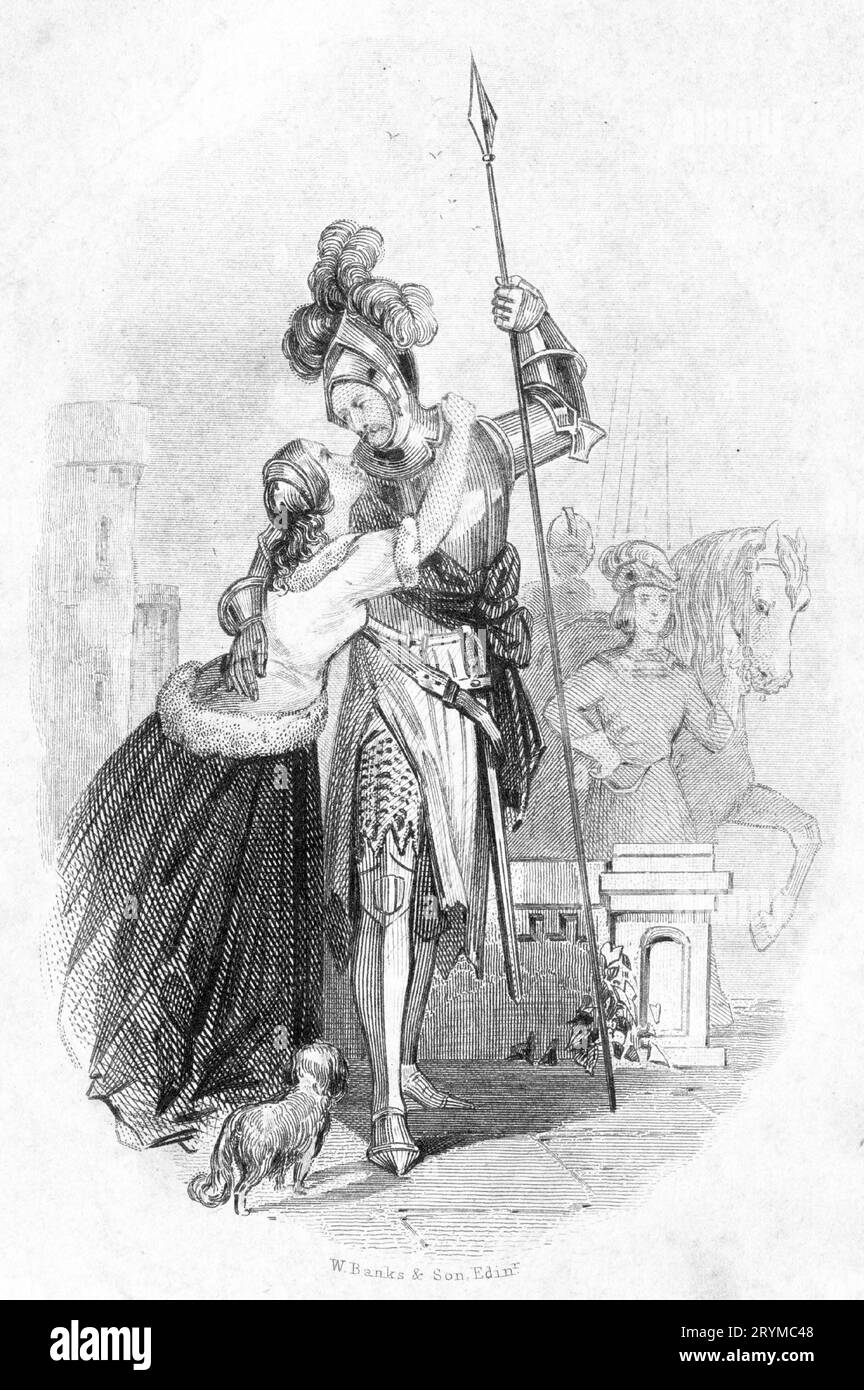 Engraving of a woman saying farewell to a handsome knight in full ...