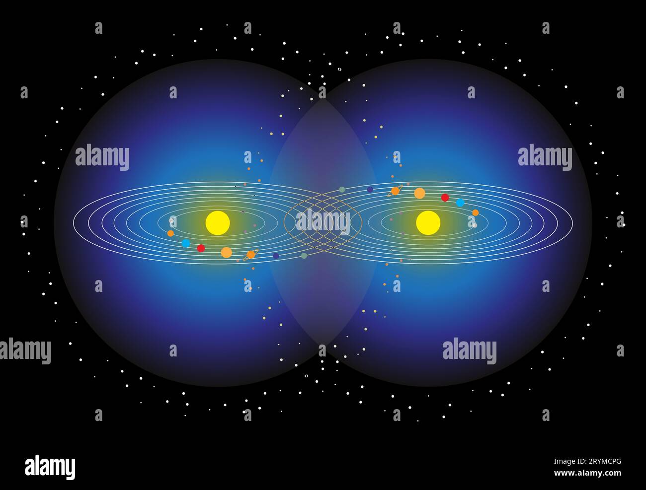 Digital illustration of parallel dimensions of the solar system Stock Photo