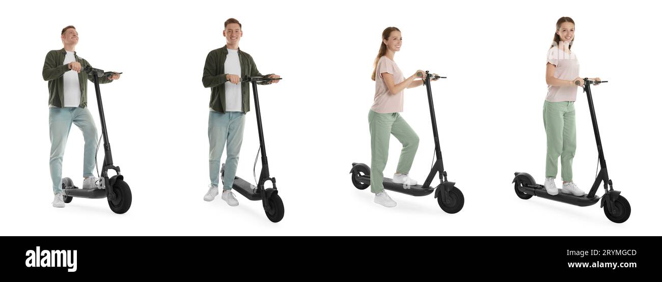 Man and woman with electric kick scooter isolated on white. Set of