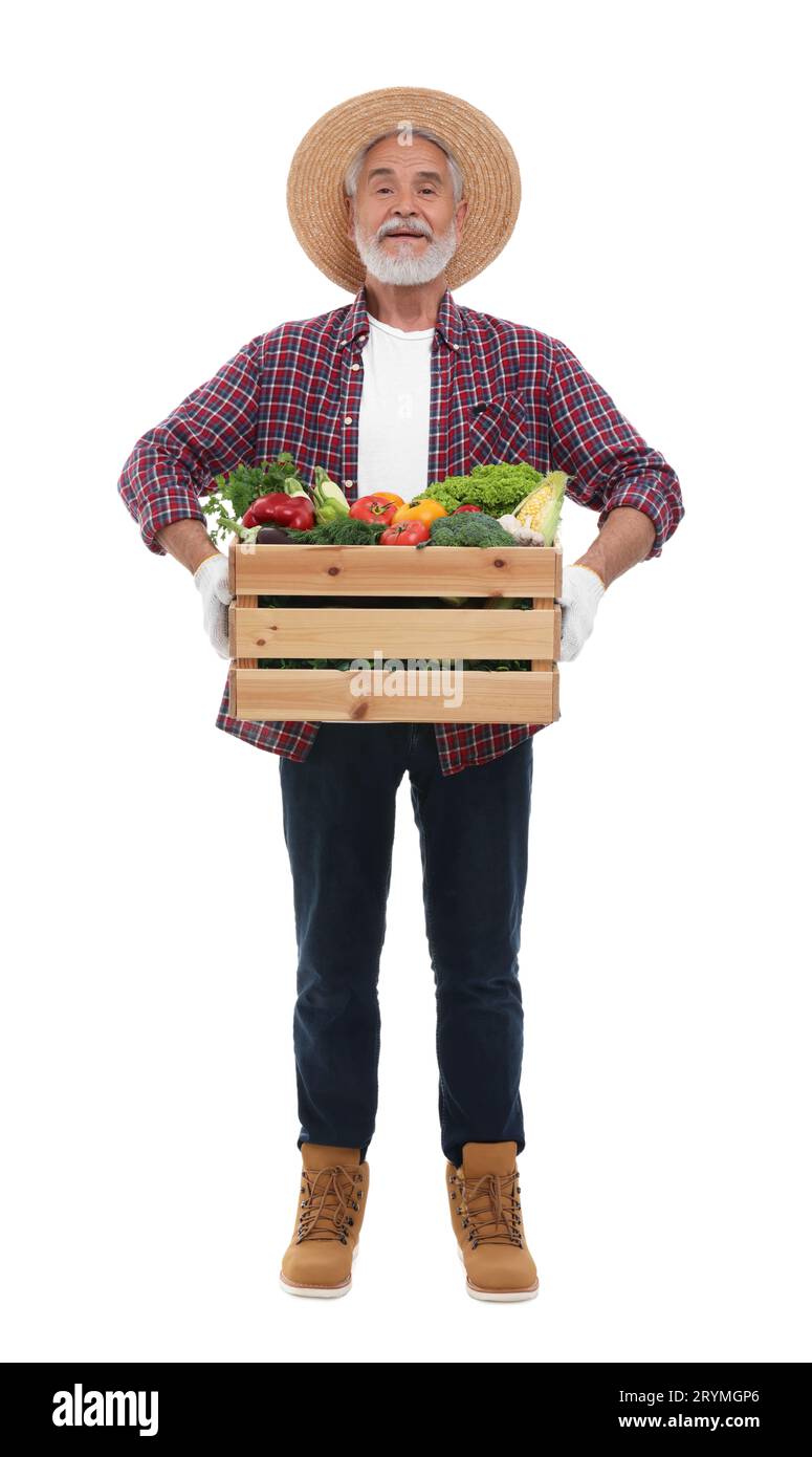 Harvesting season. Happy farmer holding wooden crate with vegetables on ...