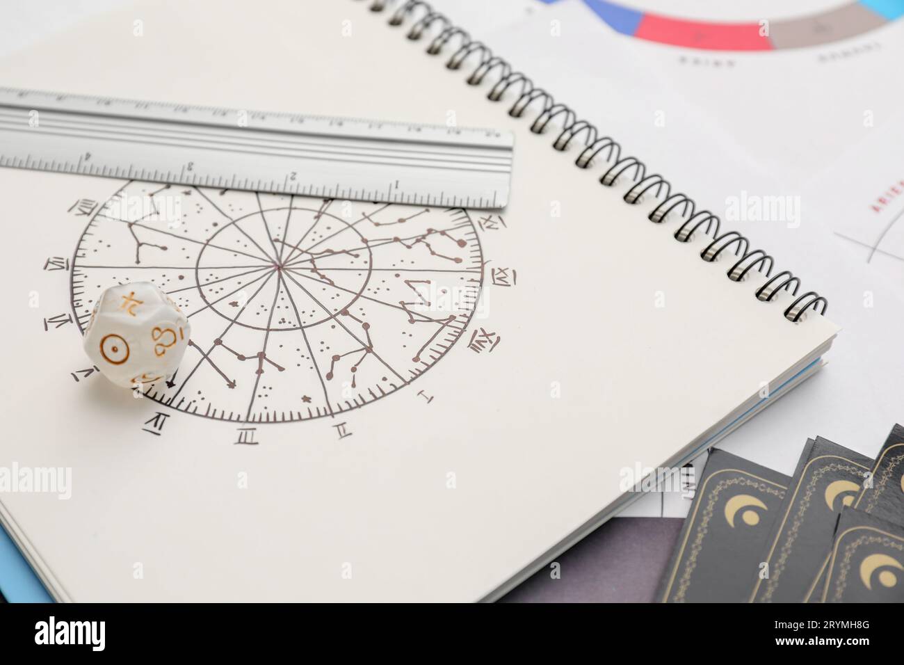Zodiac wheel, ruler and dice on table, closeup. Astrological