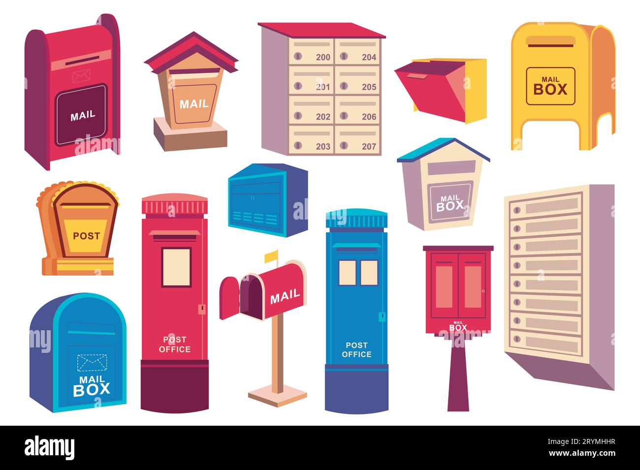 Retro mail boxes mega set elements in flat design. Bundle of different