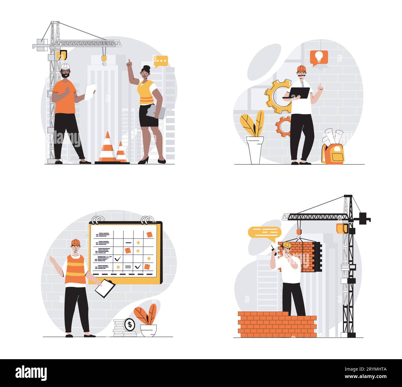Construction engineer concept with character set. Collection of scenes