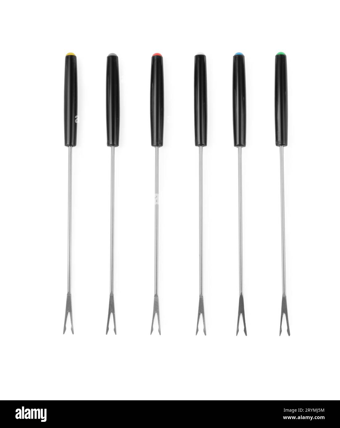 Set of fondue forks isolated on white, top view. Kitchen equipment