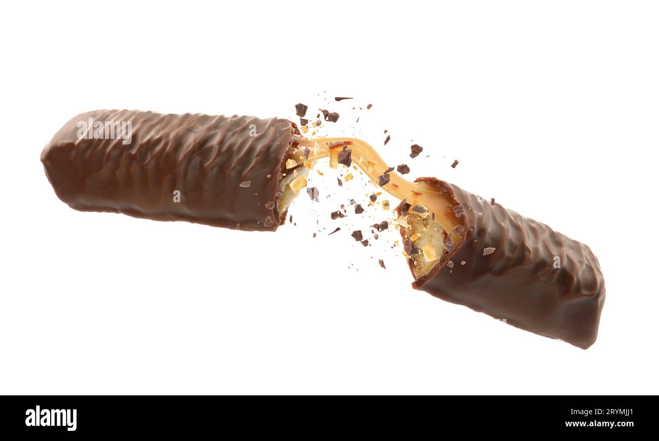 Broken chocolate bar with yummy caramel in air on white background Stock  Photo - Alamy, image size:1300x870