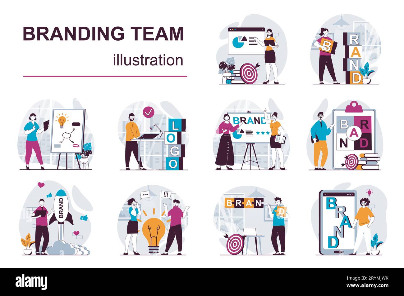 Branding team concept with character situations mega set. Bundle of