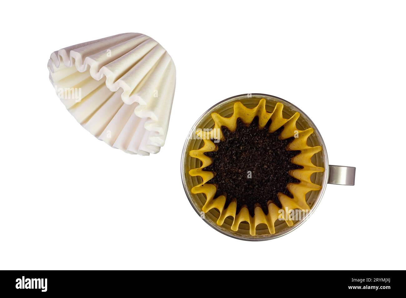 Top view stack of new baskettype disposable paper coffee filters and ground roasted coffee