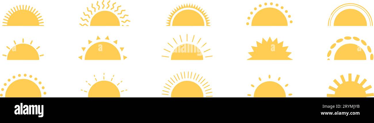 Sun icon set. Sunrise, sunset, rays, and sunburst elements. Flat vector ...