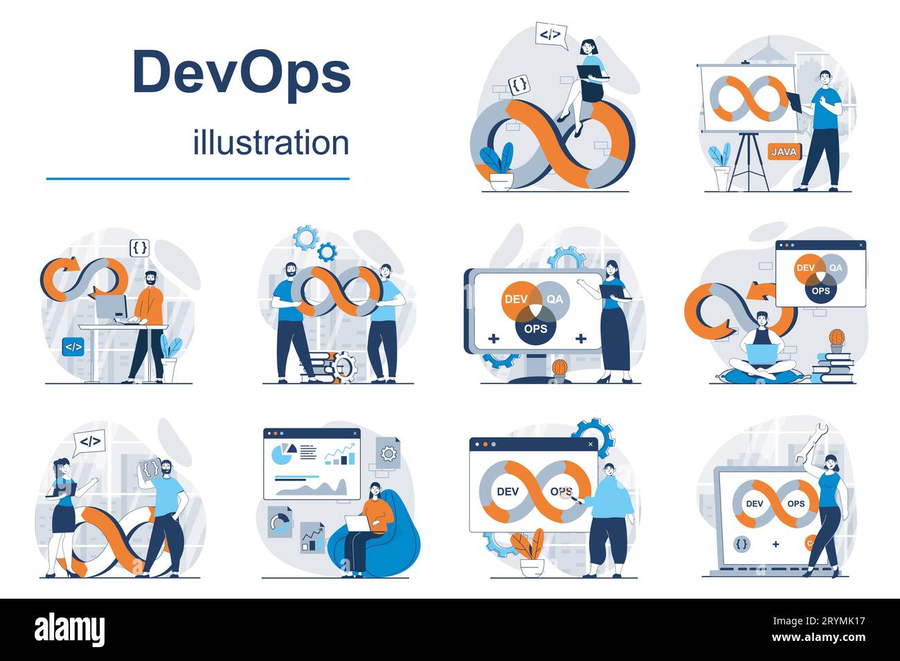 DevOps concept with character situations mega set. Bundle of scenes ...
