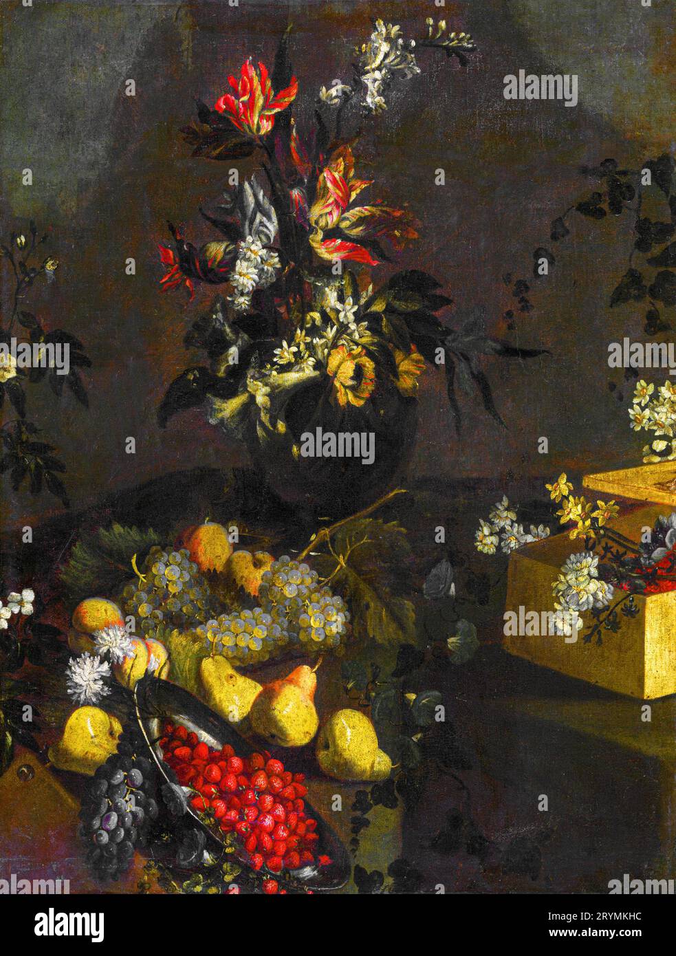 Still life with flower bouquet and fruit Stock Photo - Alamy