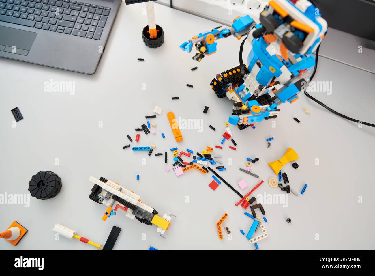 Various components and installations for robot fabrication fill the