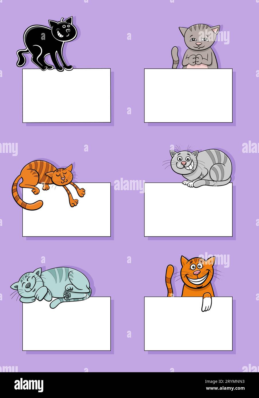 Cartoon illustration of cats animal characters with blank cards or ...