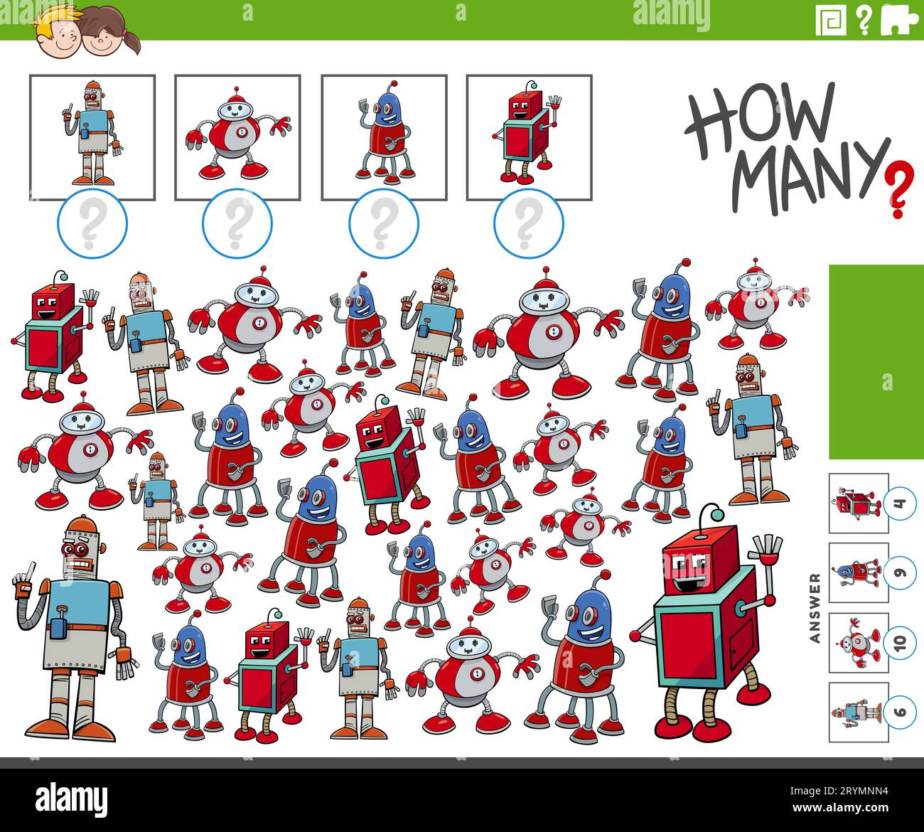 Illustration of educational counting game with funny cartoon robot characters Stock Photo